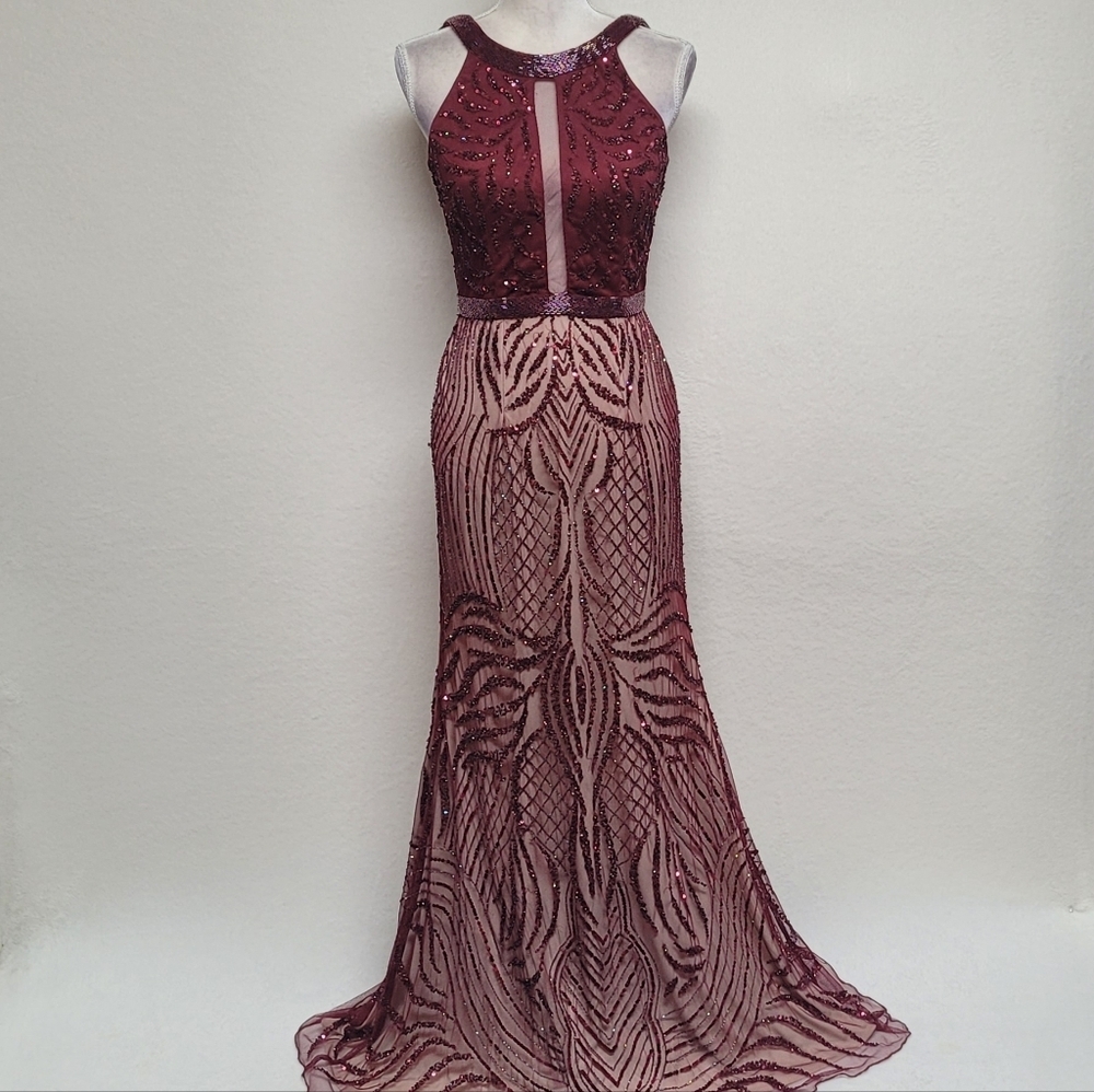 Zasa Karishma Creation Burgundy Sequin Beaded Backless Maxi Mermaid Dress 6 - Picture 2 of 11